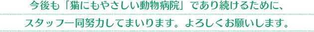 今後も「猫にやさしい動物病院」であり続けるために、スタッフ一同努力してまいりますので。よろしくお願い致します。